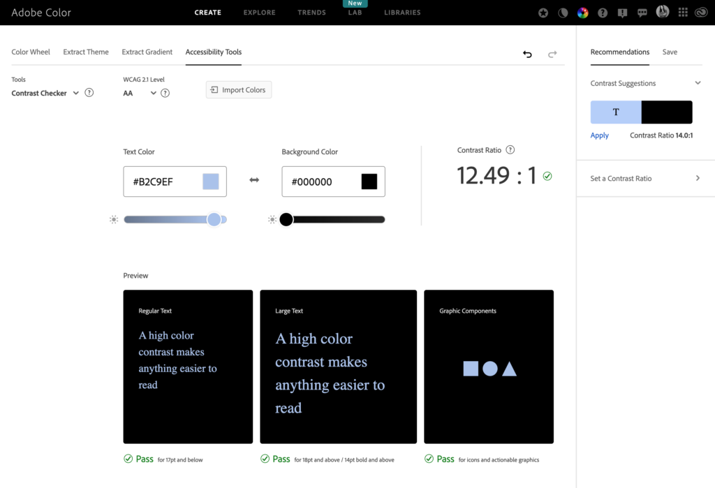 Accessibility Adobe colour contrast checker screenshot